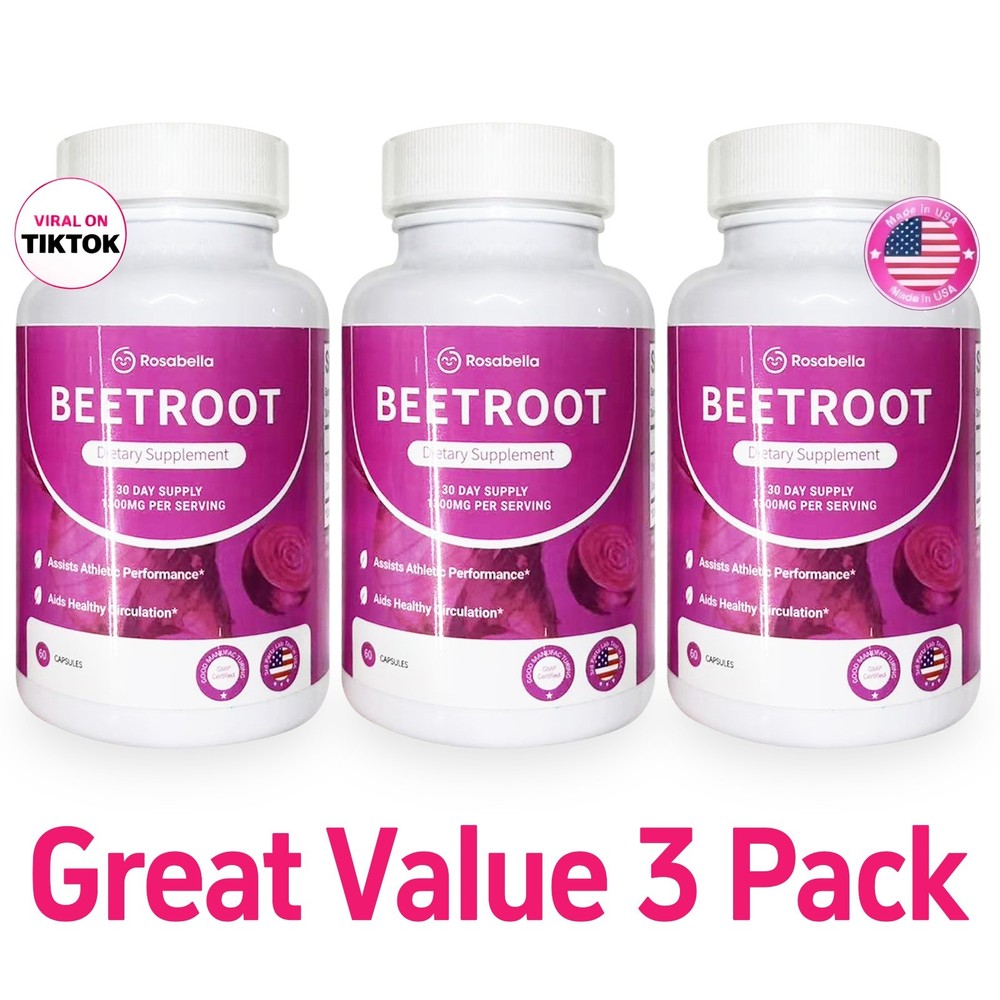 3PCS Rosabella OrganicBeet Root 60 Capsules Natural Energy Boost Blood Pressure+