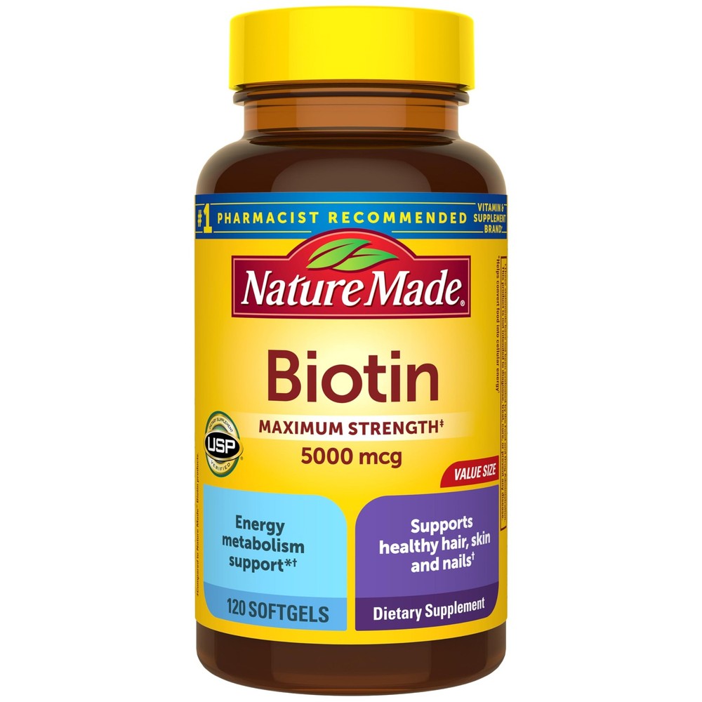 Nature Made Maximum Strength Biotin 5000 mcg Softgels Hair Skin Nails 120 Count