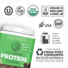 SUNWARRIOR Organic Classic Chocolate Protein, Plant-Based Protein Powder, 375g