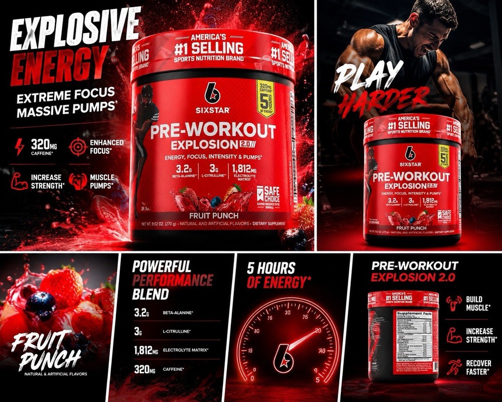 Six Star Pre-Workout Explosion 2.0 Dietary Supplement Fruit Punch 9.52oz Sealed