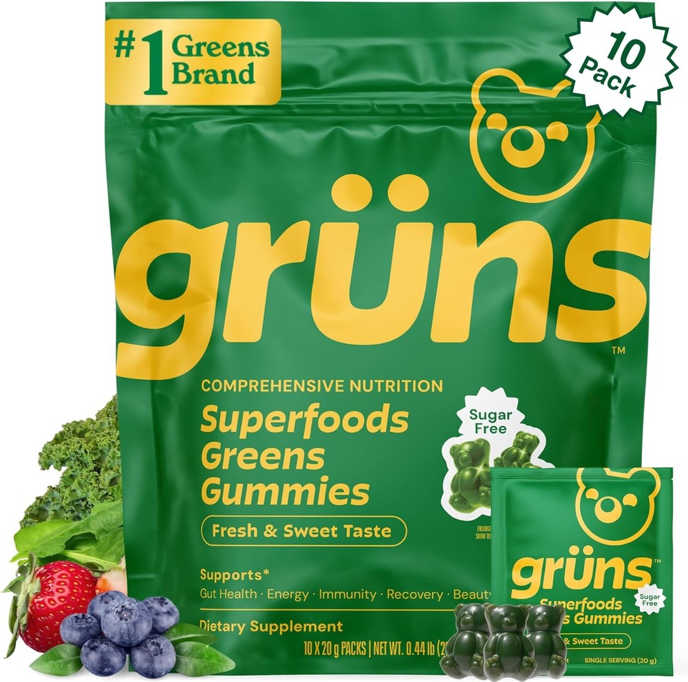 Gruns Adults Super Greens Gummies, Multivitamin Gummies, Low Sugar & Sugar Free.