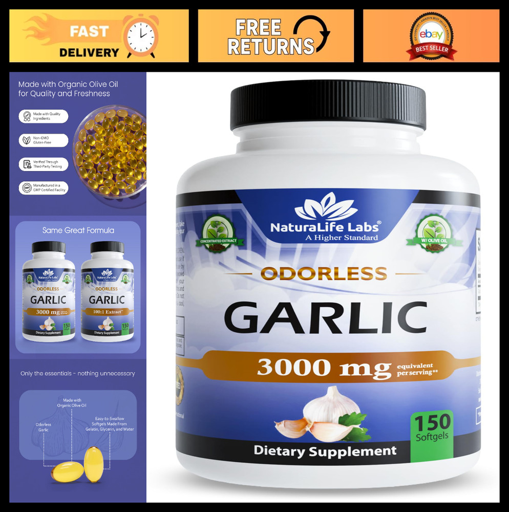 Odorless Garlic Extract 100:1 with Olive Oil – 150 Softgels, Non-GMO, Gluten-Fre