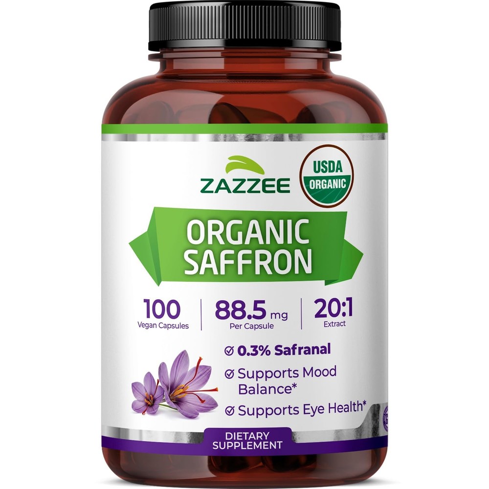 Zazzee USDA Organic Saffron 201 Extract, 88.5 mg, 0.3 Safranal, 100 Vegan Cap…