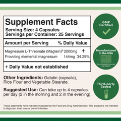Magtein Magnesium L-Threonate – High Absorption Supplement 100 Capsules