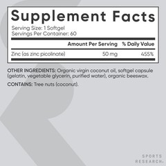 Zinc Picolinate 50mg Organic Coconut Oil Absorbable Immune Support Non-GMO 60ct