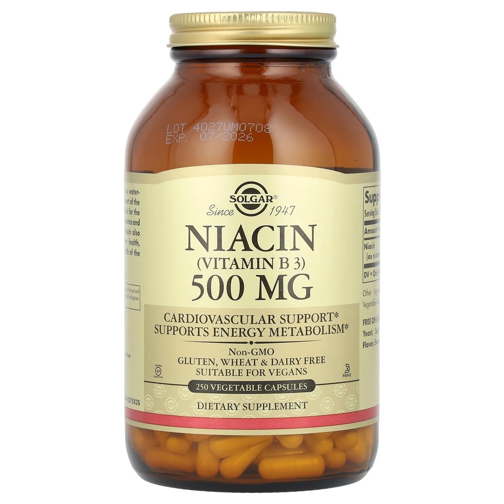 2 X Solgar, Niacin (Vitamin B3), 500 mg, 250 Vegetable Capsules