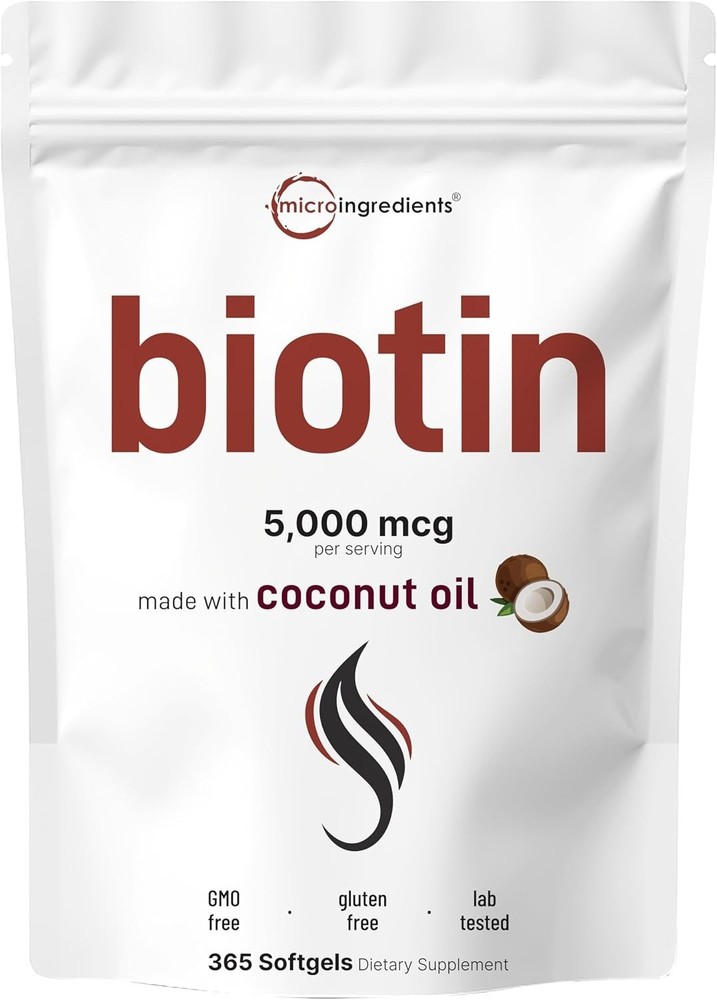 Biotin 5,000mcg | 365 Softgels with Coconut Oil | Hair, Skin, & Nails Supports