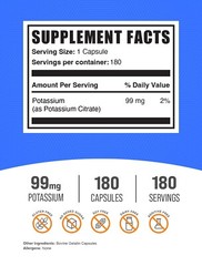 BulkSupplements Potassium Citrate 180 Capsules – 99mg Per Serving