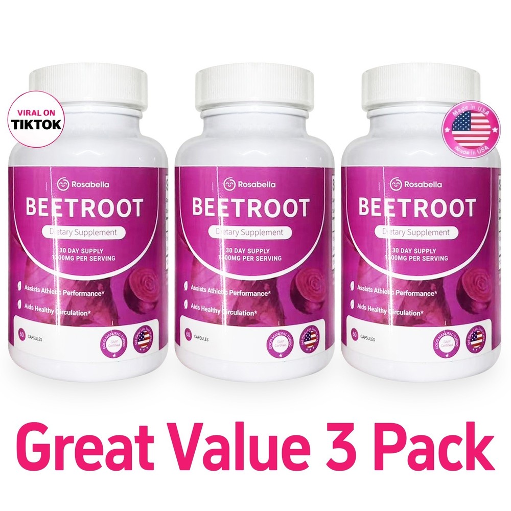 3PCS Rosabella OrganicBeet Root 60 Capsules Natural Energy Boost Blood Pressure+