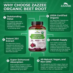 Zazzee USDA Organic Beet Root 20:1 Extract, 120 Vegan Quick Release Capsules