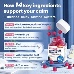 VEV Magnesium Complex DeepCalm 14-in-1 Gummies – 90 Count (Pack of 1), Purple