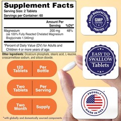 Magnesium Glycinate 200mg 120 Tablets | Fully Reacted 120 Count (Pack of 1)
