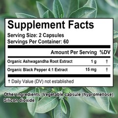 Organic Ashwagandha Supplement High Potency Supports Stress 30/60/120 Capsules
