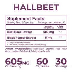 HALLBEET – Beet Root Capsules 600 mg + 5 mg Black Pepper, 60 Count, 30 Servings