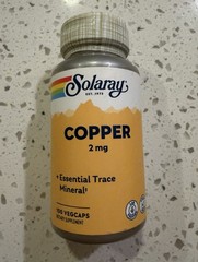 Solaray Copper 2 mg Essential Trace Mineral – 100 VegCaps – Exp 2029