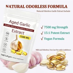 Odorless Garlic 7500mg Per Servings, 150 Softgels | 2 Years Aged Garlic Extract