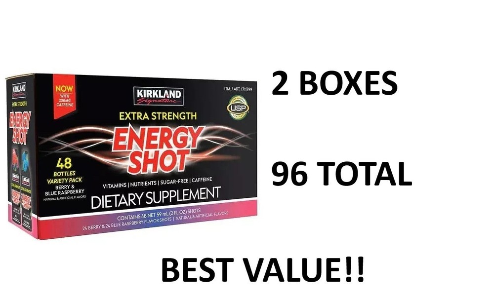 2 BOXES Kirkland Signature Extra Strength Energy Shot 96 Bottles TOTAL 2 Flavors