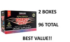 2 BOXES Kirkland Signature Extra Strength Energy Shot 96 Bottles TOTAL 2 Flavors
