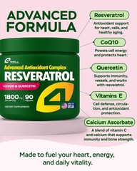 Resveratrol Supplement 1800mg Complex – COQ10, Quercetin, Vitamin E, Calcium