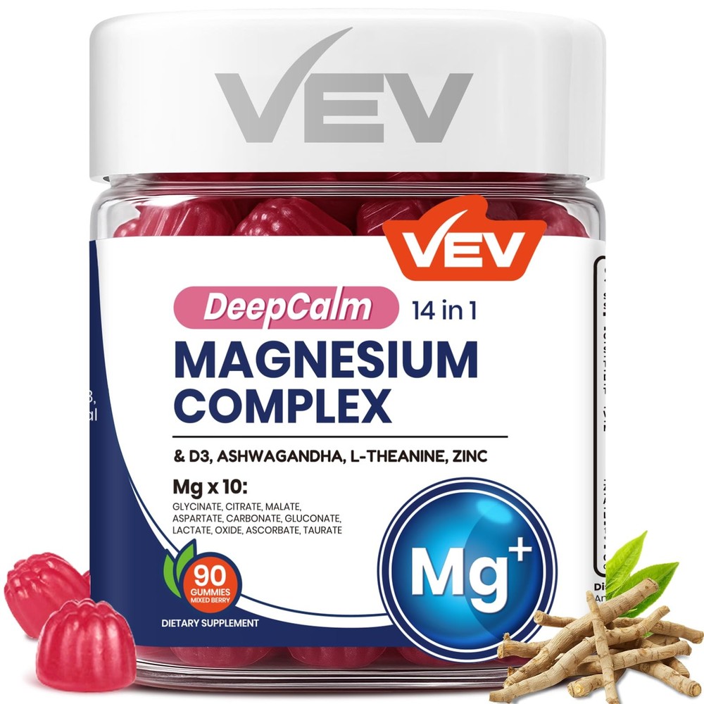VEV Magnesium Complex DeepCalm 14-in-1 Gummies – 90 Count (Pack of 1), Purple