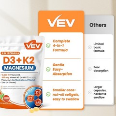 VEV Vitamin D3 K2 10000 IU Magnesium Supplement with Vitamin D and K, for Energy