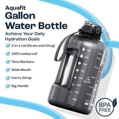 AQUAFIT 1 Gallon Water Bottle with Time Marker – 128 Ounces, Midnight Black