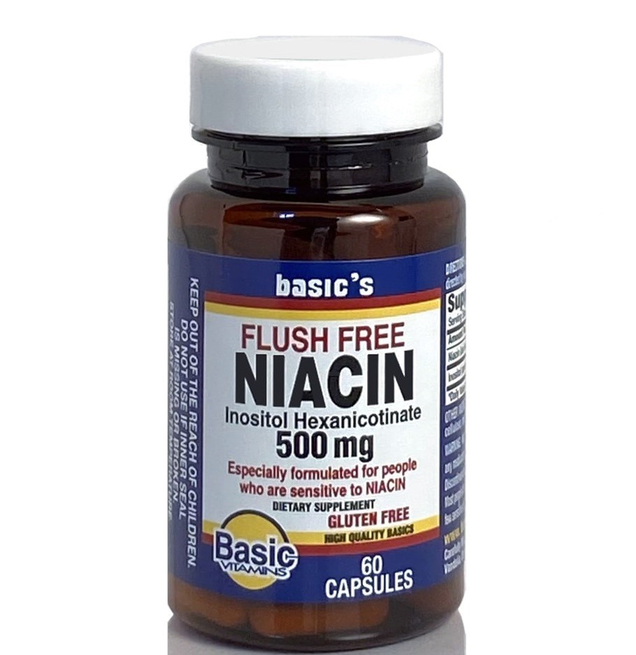 Basic NIACIN 500 mg Capsules Flush Free Niacin Inositol Dietary Supplement 60 Ct