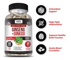 (2 Pack) Ginseng + Ginkgo for Brain Function, Blood Flow, Anti Inflammatory