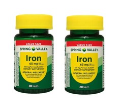 Spring Valley Iron 65 mg Dietary Supplement 200 Tablets Mineral Support 2 Pack