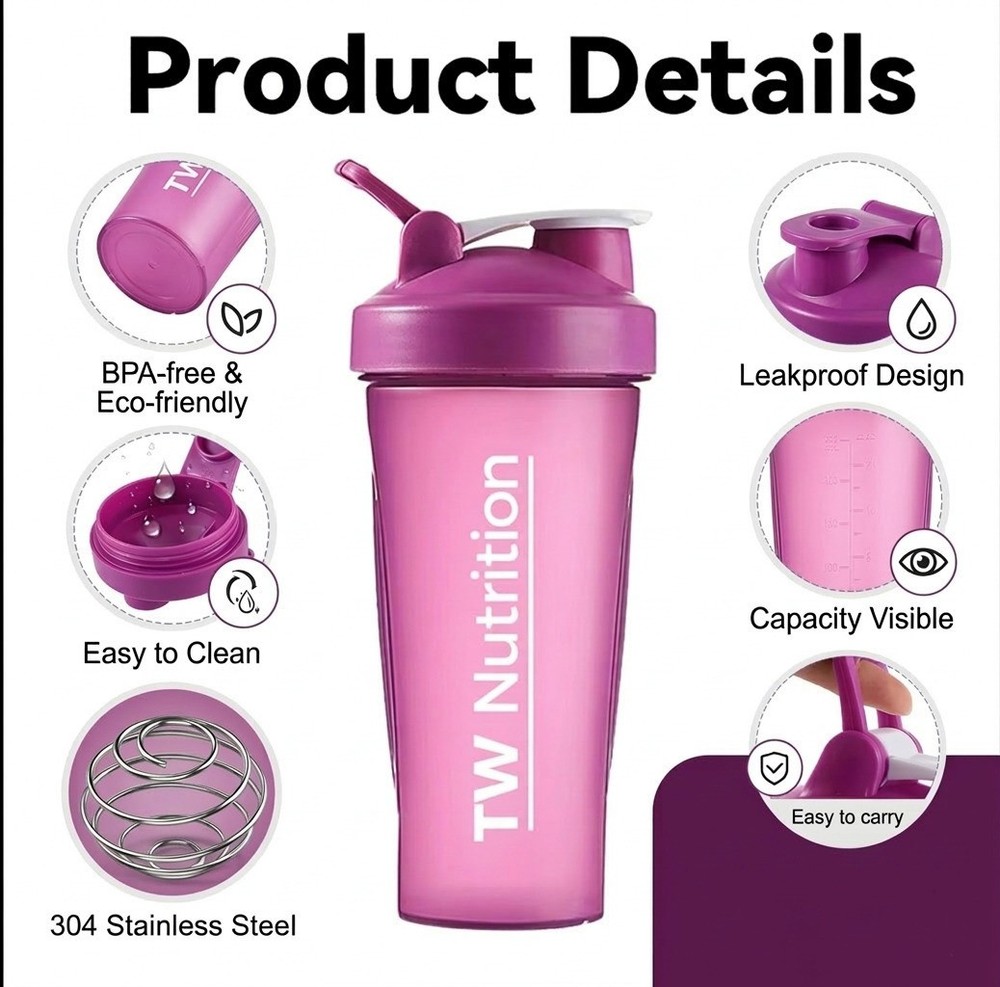 TW Nutrition 28 Oz Protein Shaker Bottle Shaker Cup CL/Purple BPA Free No Leak