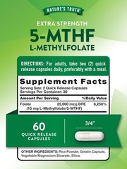 L-Methylfolate 15mg | 60 Capsules | Extra Strength | Non-GMO | by Nature’s Truth