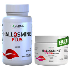 Hallosmine PLUS Diosmin 500mg + FREE Cream for Veins 4 oz 01 Bottle 60 Capsules