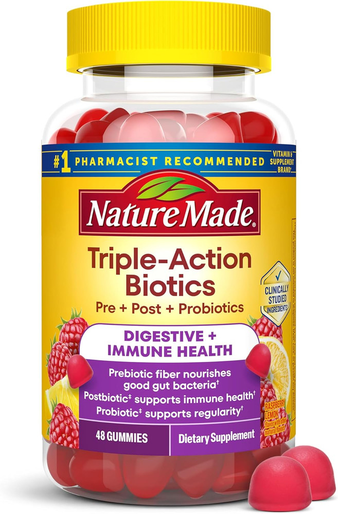 Nature Made Triple Action Biotics Prebiotic Fiber Gut Immune 48 Gummies NEW
