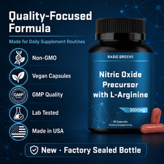 BASIC GREENS L-Arginine 3000mg Nitric Oxide Supplement Beet Root Vegan 90 Caps