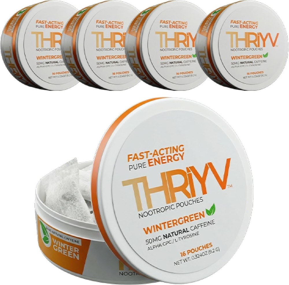 (5 Pack) THRiYV Nootropic Energy Pouches – Wintergreen – 50mg Caffeine Per Pouch