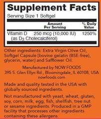 NOW Foods Supplements, Vitamin D-3 10,000 IU, 200 Softgels