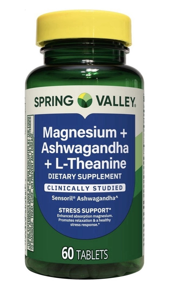 Spring Valley Magnesium +Ashwagandha + L Theanine for Stress Support 60 Tablets.