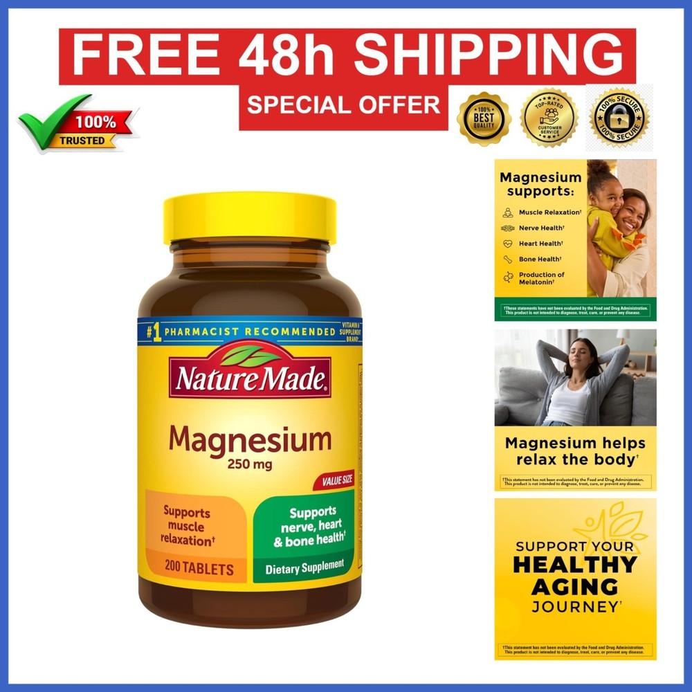 Nature Made Magnesium Oxide 250 mg Tablets – 200 Count for Muscle & Heart