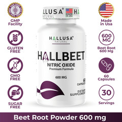 HALLBEET – Beet Root Capsules 600 mg + 5 mg Black Pepper, 60 Count, 30 Servings