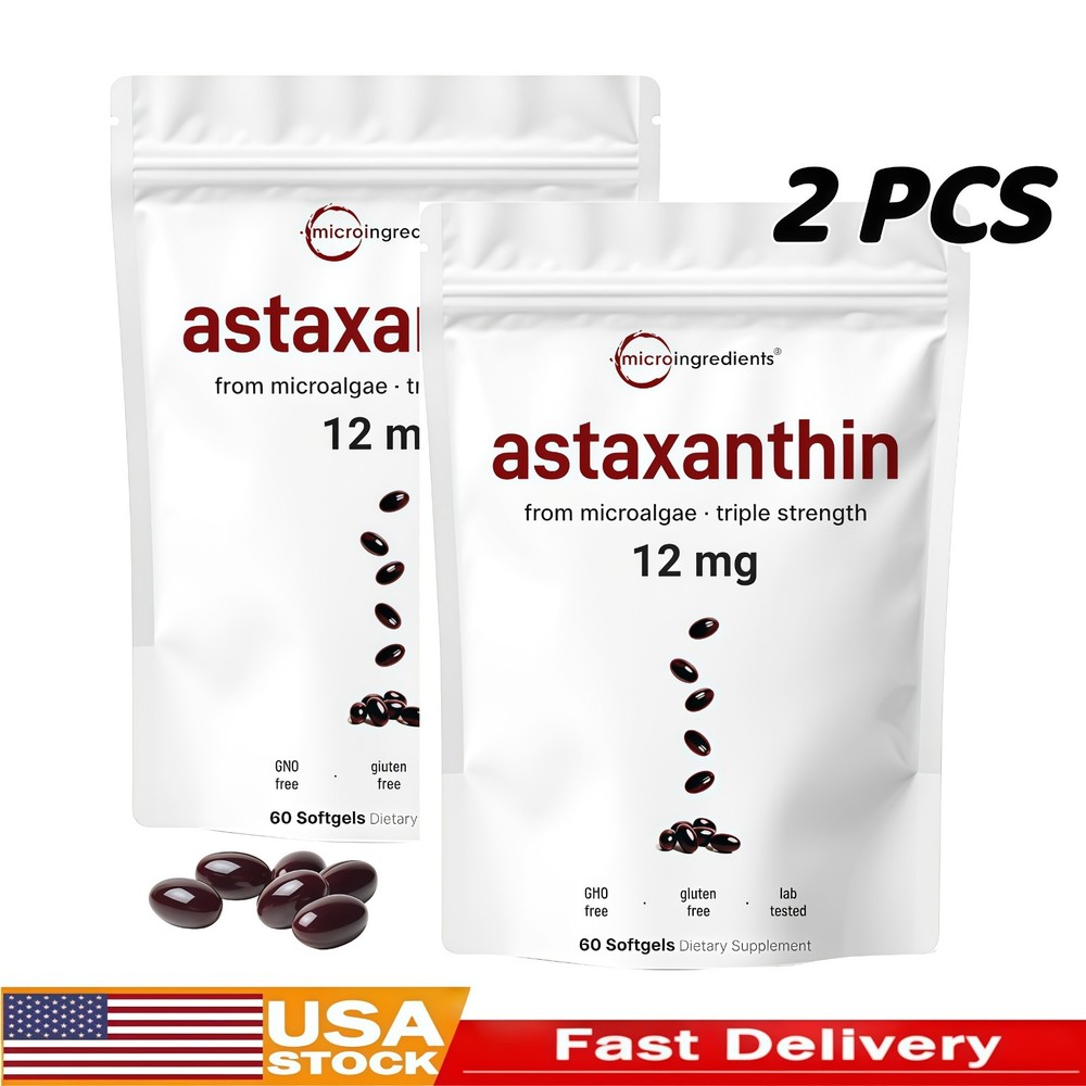 2 package | Micro Ingredients Astaxanthin 12mg with MCT Oil, 120 Softgels