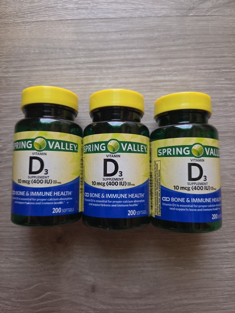 (3 pack) Spring Valley Vitamin D3 Softgels,10 mcg (400 IU), 200 Count, Supplemen