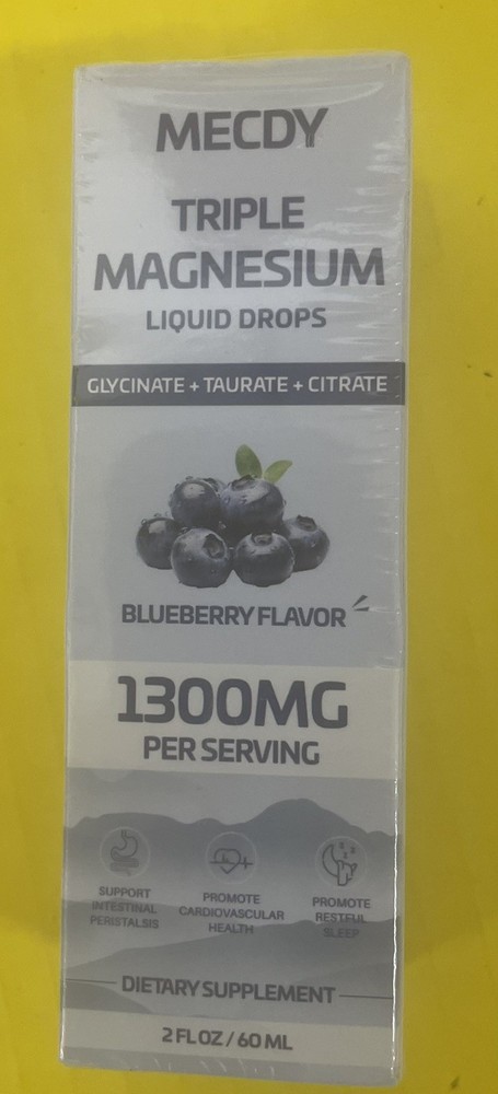 Mecdy Triple Magnesium Liquid Drops 1300mg per Serving Blueberry Flavor Diet Sup