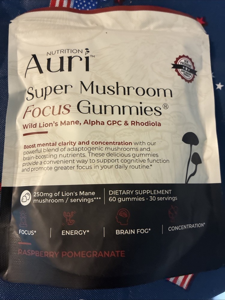Mushroom Gummies 60 Count Pack Auri Nutrition Super Focus w Lions Mane – NEW