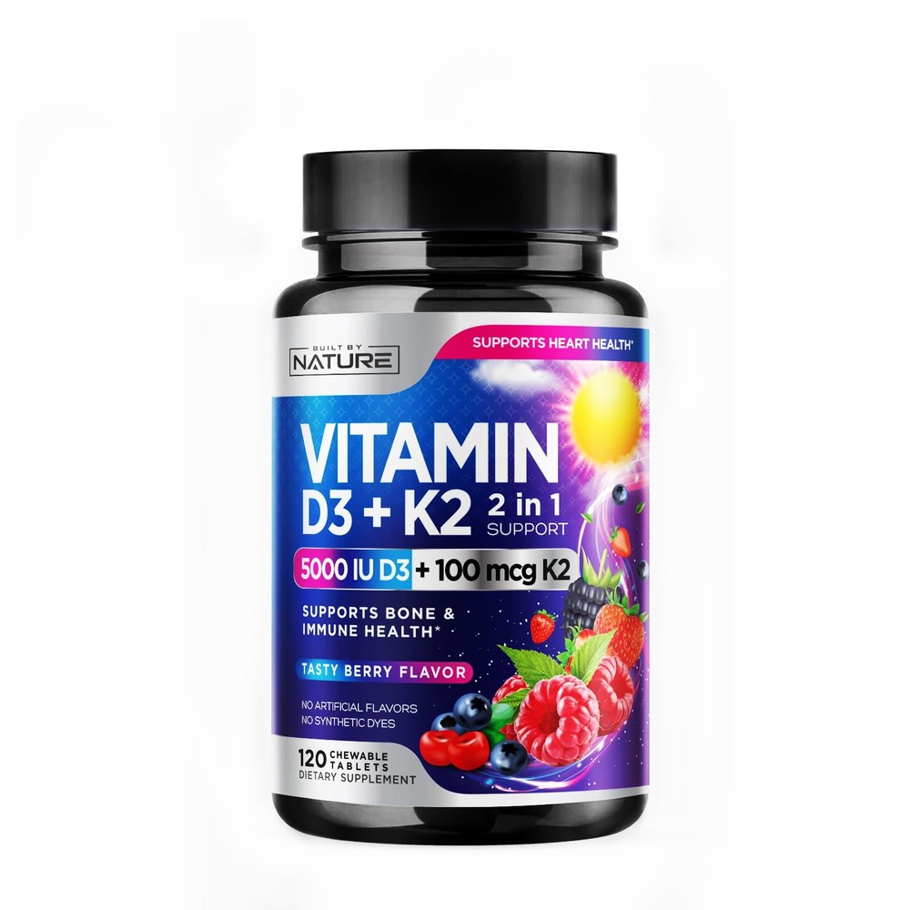 Vitamin D3 K2 Chewable, 5000 IU & MK-7 100 mcg, 120 120 Count (Pack of 1)
