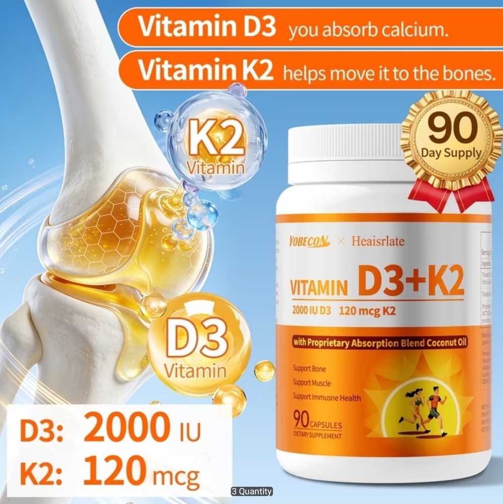 Vitamin D3K2 Supplements Assist Calcium Absorption Supports Bone and Teeth 90ct