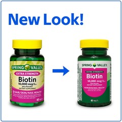 Spring Valley Biotin 10000 mcg + Keratin 60 Ct Hair Skin Nails Supplement
