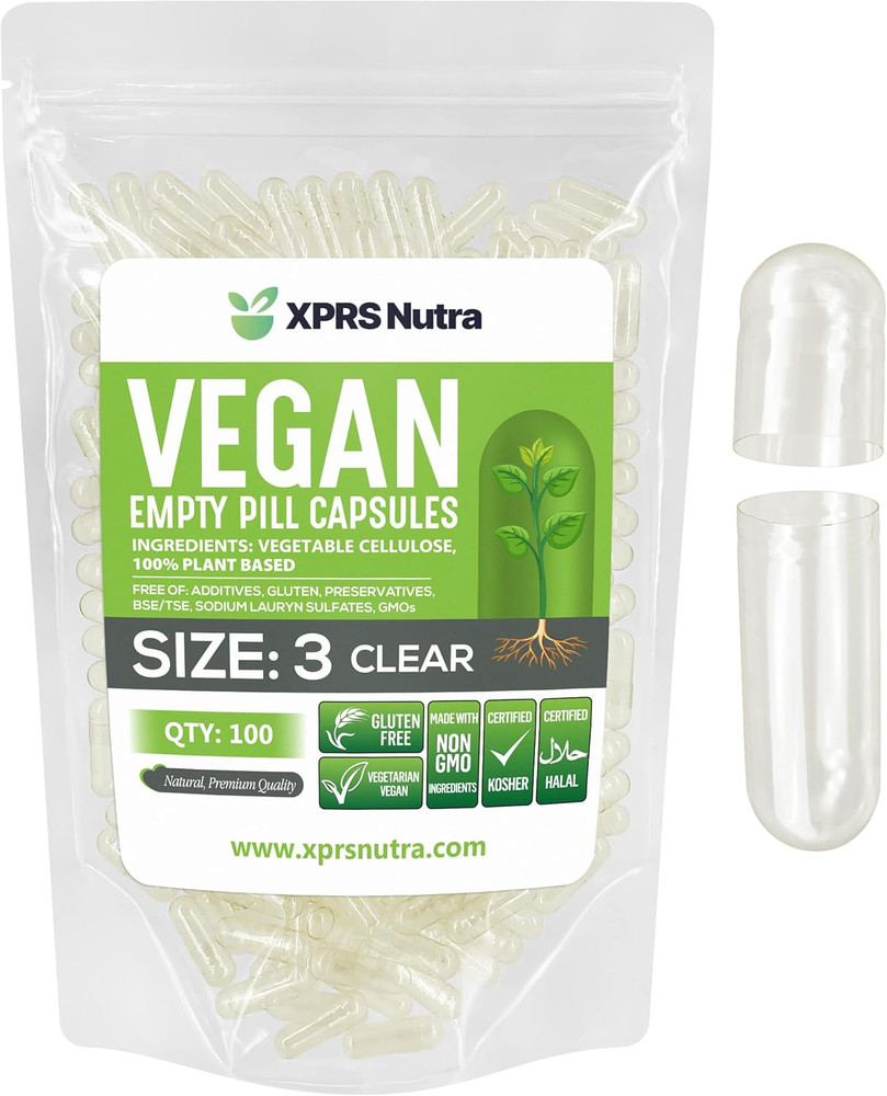 Size 3 Empty Capsules – 100 Count Clear Empty Vegan Capsules – Vegetarian Pills