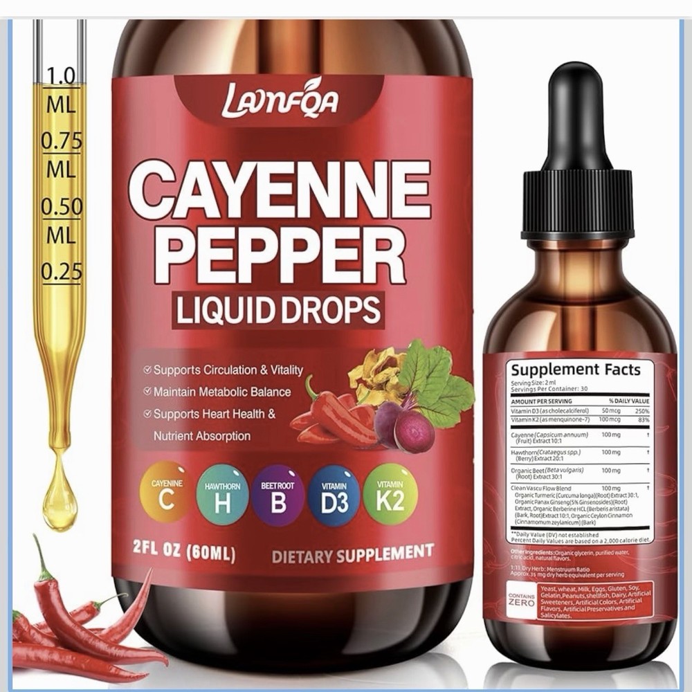 Cayenne Pepper Liquid Drops Supplement Hawthorn Berry, Vitamin D3 K2, Beet Root