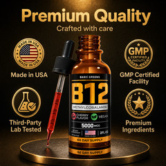 BASIC GREENS B12 Liquid Drops 5000mcg Sublingual Methylcobalamin Vegan 2oz