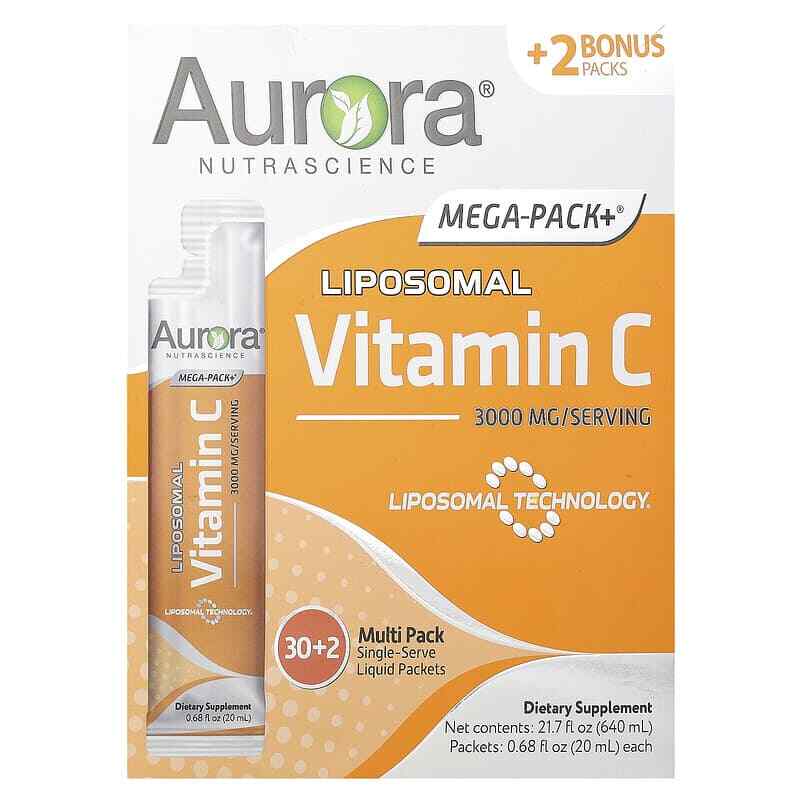 2 X Aurora Nutrascience, Mega-Pack+ Vitamin C, 3,000 mg, 32 Packs, 0.5 fl oz (15